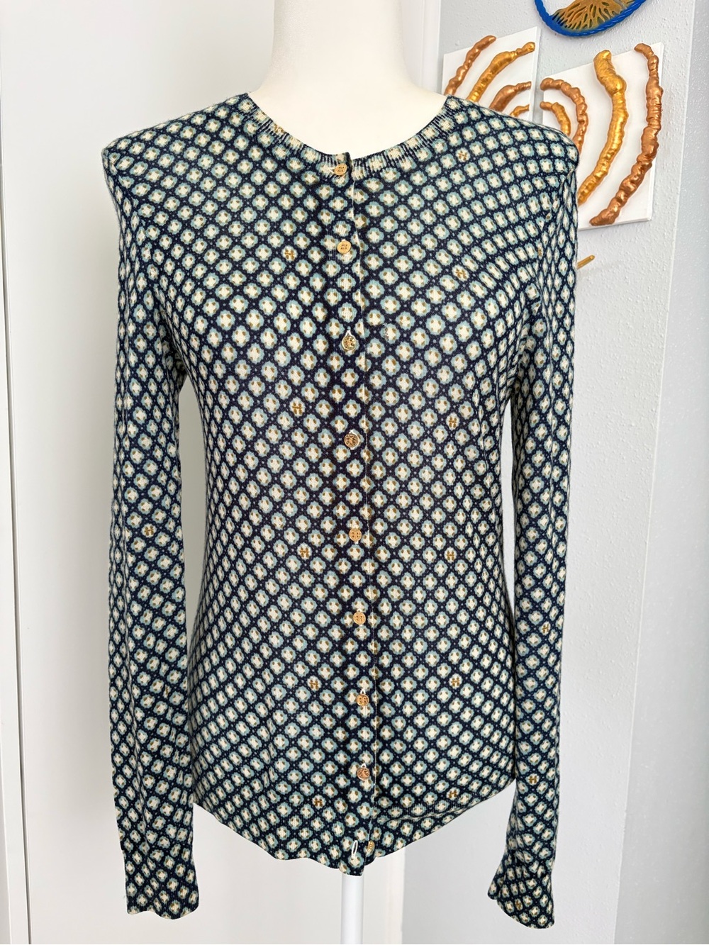 Tory Burch Navy and Cream Patterned Button-Down Top